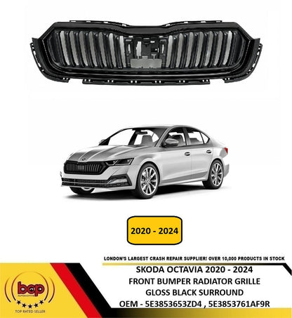 SKODA OCTAVIA 2020 – 2024 FRONT UPPER RADIATOR GLOSS BLACK SURROUND 5E3853653ZD4