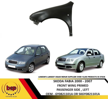 SKODA FABIA 2000–2007 FRONT WING PRIMED WITH REPEATER HOLE PASSENGER SIDE  LEFT