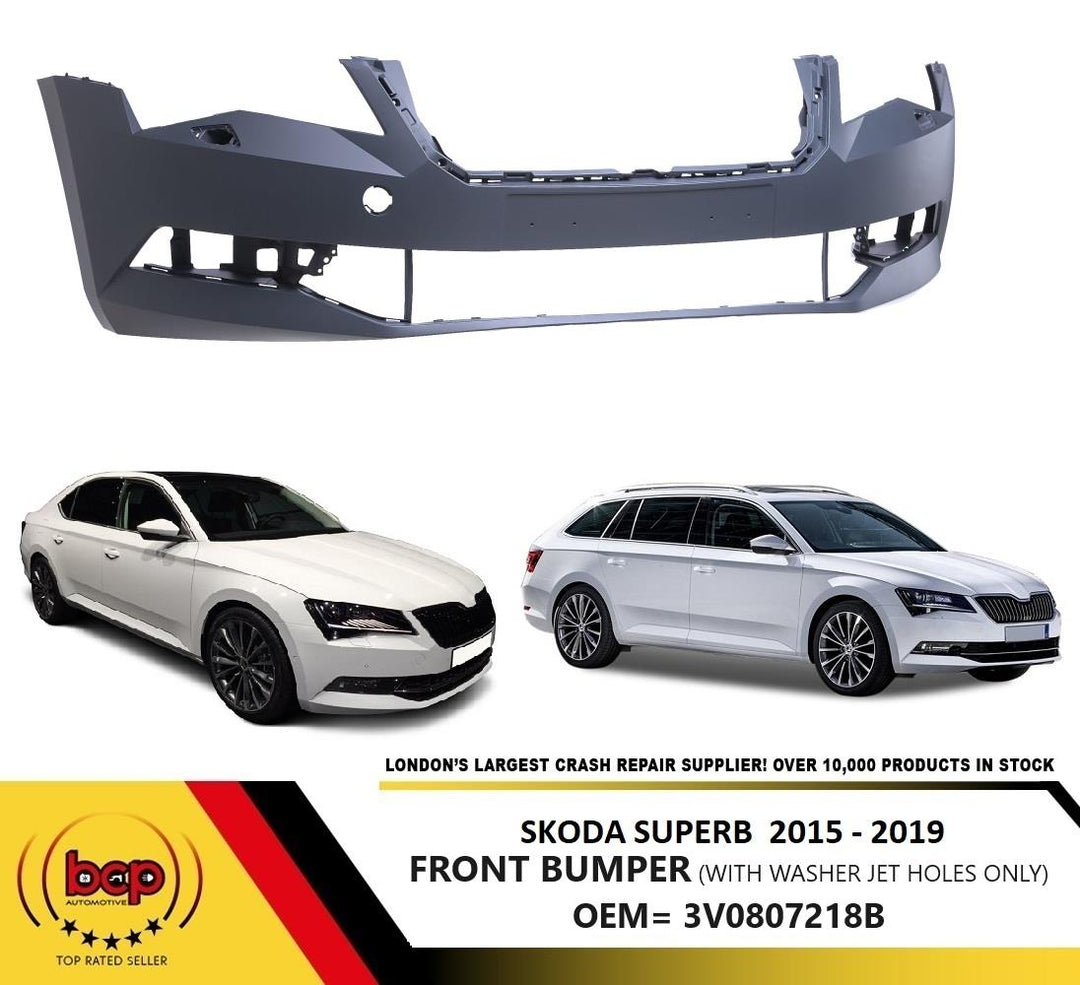 SKODA SUPERB 2015 - 2019 FRONT BUMPER WITH WASHER HOLES ONLY NO PDC HOLES