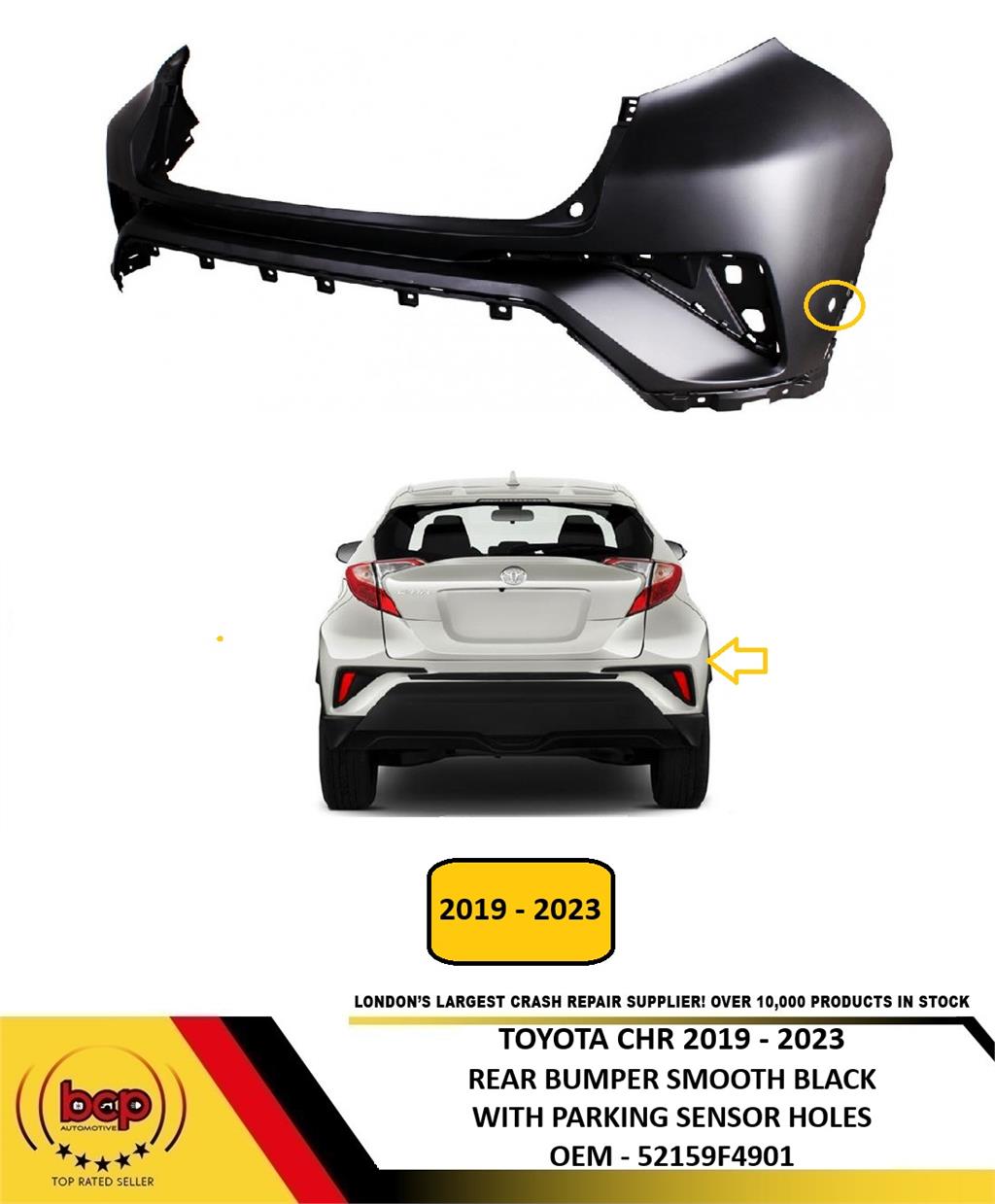 TOYOTA C-HR 2019 - 2023 REAR BUMPER UPPER SECTION WITH PARKING SENSOR NOT PRIMED