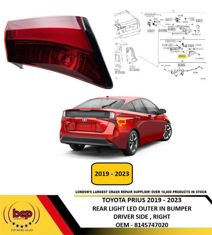 TOYOTA PRIUS 2019 - 2023 REAR LIGHT OUTER IN BUMPER DRIVER RIGHT 8145747020
