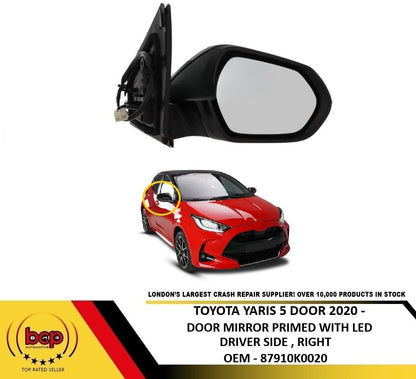 TOYOTA YARIS 2020 ON DOOR MIRROR PRIMED ELECTRIC HEATED WITH LED DRIVER RIGHT