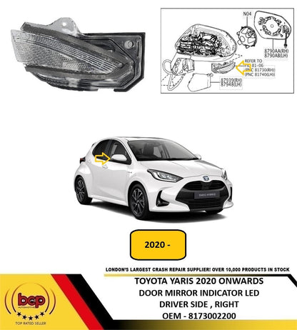 TOYOTA YARIS 2020 ON DOOR MIRROR INDICATOR CHROME LED DRIVER RIGHT 8173002200