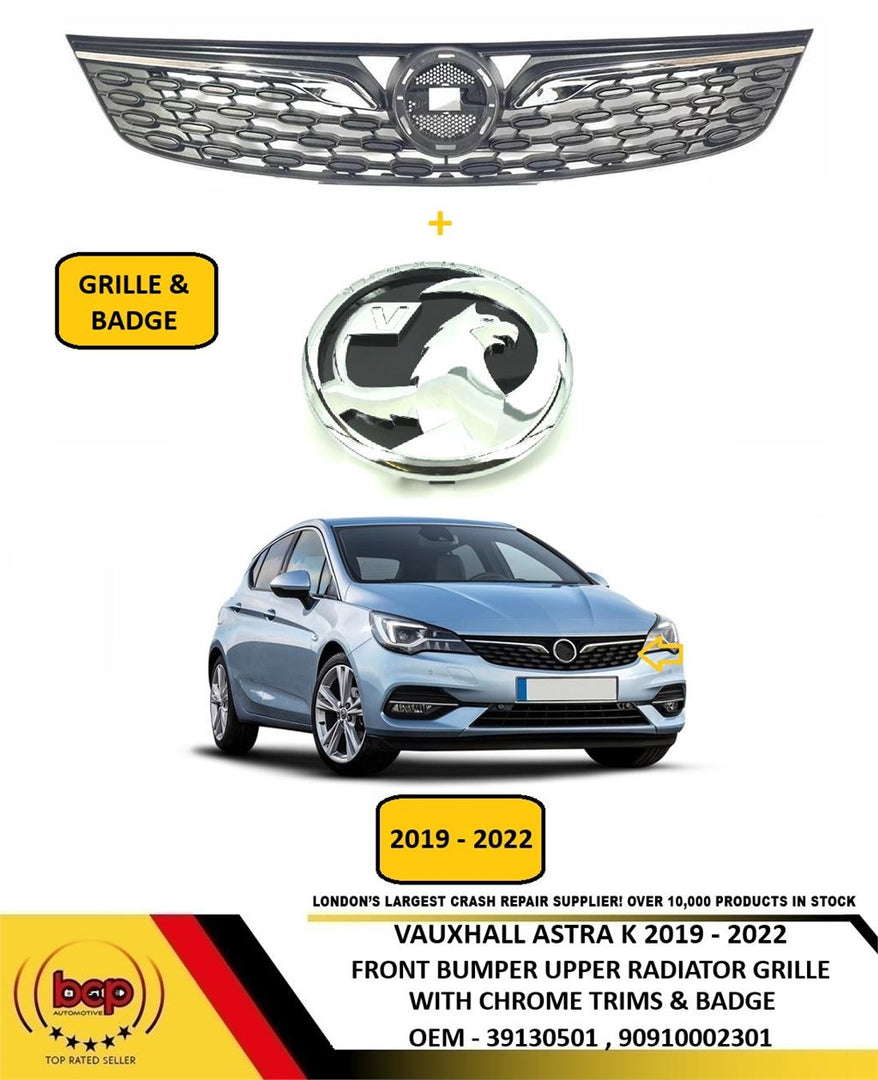 VAUXHALL ASTRA K 2019–2022 FRONT BUMPER RADIATOR GRILLE WITH CHROME TRIMS BADGE