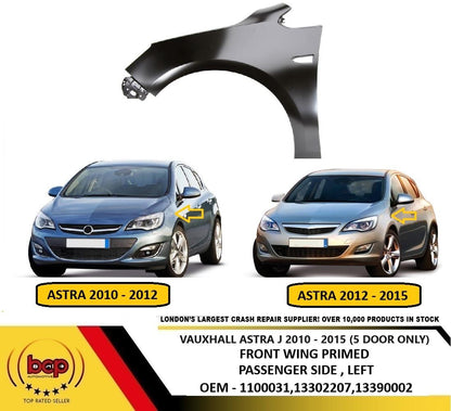VAUXHALL ASTRA J 2009 - 2014 FRONT WING PRIMED LH LEFT PASSENGER FENDER PANEL