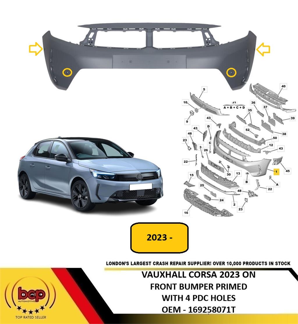 VAUXHALL CORSA 2023 ON FRONT BUMPER PRIMED WITH 4 PDC HOLES NEW 169258071T