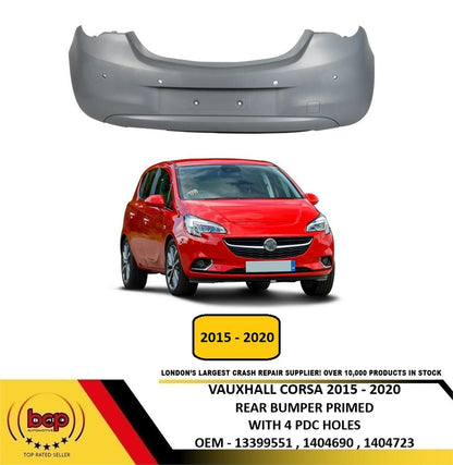 VAUXHALL CORSA E 2015 - 2020 REAR BUMPER PRIMED WITH 4 PARKING SENSOR HOLES NEW