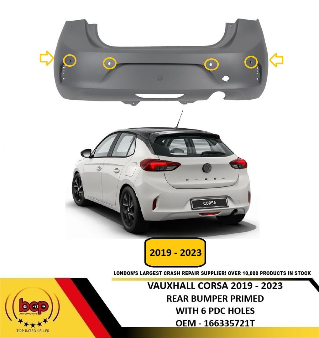 VAUXHALL CORSA F 2019 – 2023 REAR BUMPER PRIMED 6 PARKING SENSOR & CAMERA HOLE