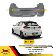 VAUXHALL CORSA F 2019 – 2023 REAR BUMPER PRIMED 6 PARKING SENSOR & CAMERA HOLE