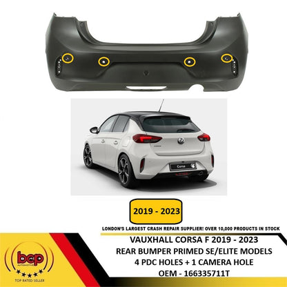 VAUXHALL CORSA F 2019 – 2023 REAR BUMPER PRIMED 4 PARKING SENSOR & CAMERA HOLE