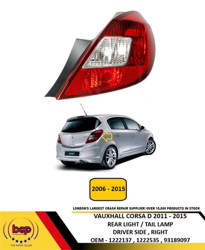 VAUXHALL CORSA D 5 DOOR 2006 - 2015 REAR TAIL LIGHT DRIVERS SIDE RIGHT