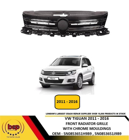 VW TIGUAN 2011 - 2016 FRONT UPPER RADIATOR GRILLE WITH CHROME MOULDINGS NEW