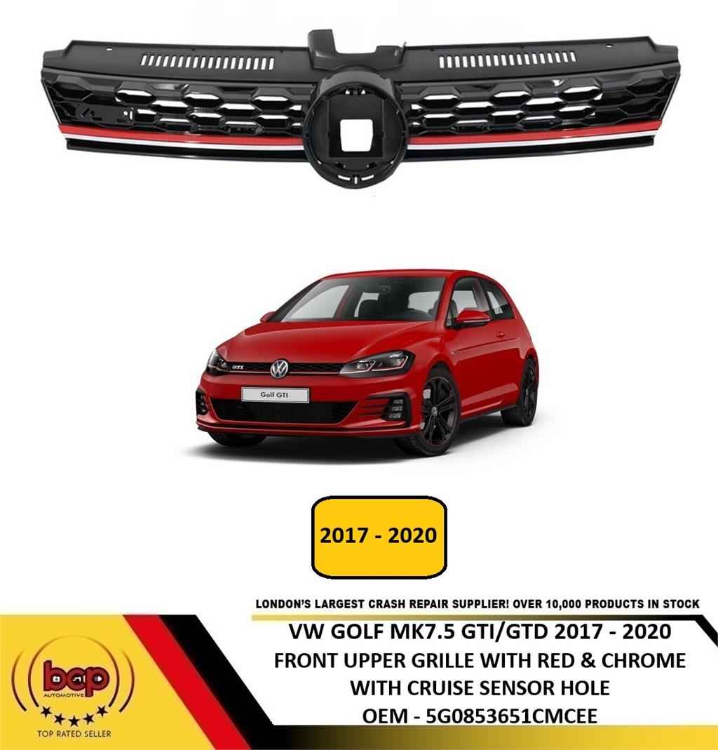 VW GOLF MK7.5 GTI GTD 2017 -2020 FRONT RADIATOR GRILLE WITH RED AND CHROME TRIMS