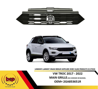 VW TROC 2017 - 2022 FRONT GRILLE BUMPER UPPER MAIN RADIATOR GRILLE NO BADGE
