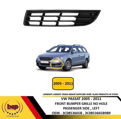 VW PASSAT B6 2005 - 2011 FRONT BUMPER FOG GRILLE NO HOLE PASSENGER SIDE LEFT NEW