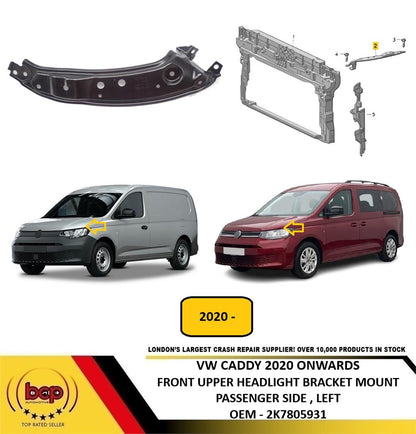 VW CADDY 2020 ON FRONT PANEL MOUNT UPPER HEADLIGHT BRACKET PASSENGER LEFT NEW 2K7805931