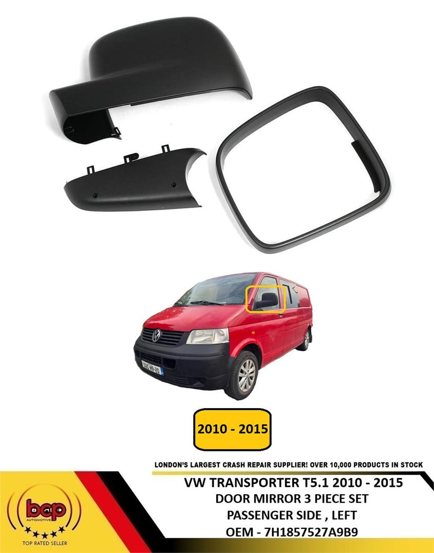 VW TRANSPORTER T5.1 2010-2015 DOOR MIRROR COVER TRIM FRAME 3 PIECE SET LEFT SIDE