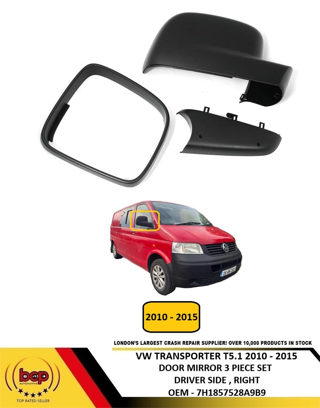 VW TRANSPORTER T5.1 2010-2015 DOOR MIRROR COVER TRIM FRAME 3 PIECE SET RIGHT
