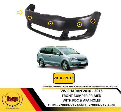 VW SHARAN 2010 – 2020 FRONT BUMPER PRIMED WITH 6 PARKING SENSOR HOLES OEM SPEC