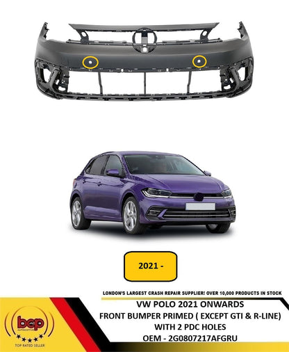 VW POLO 2021 ONWARDS FRONT BUMPER PRIMED WITH 2 PDC HOLES NO WASHER HOLES NEW