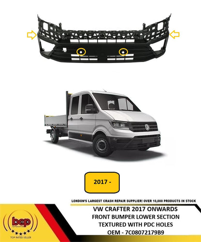 VW CRAFTER 2017 ONWARDS FRONT BUMPER LOWER BLACK SECTION NO PARKING SENSOR HOLES