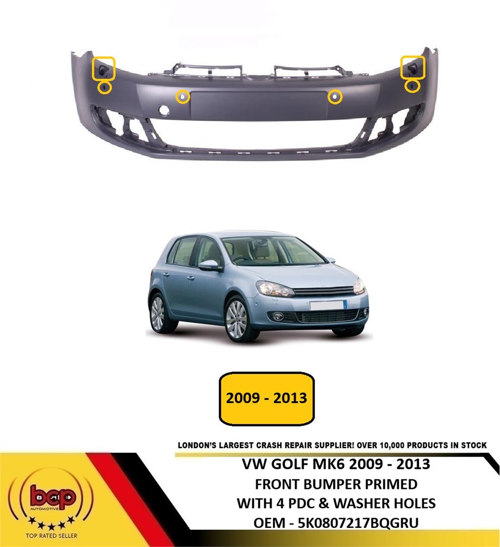 VW GOLF MK6 2009 - 2013 FRONT BUMPER PRIMED WITH 4 PARKING SENSOR & WASHER HOLE