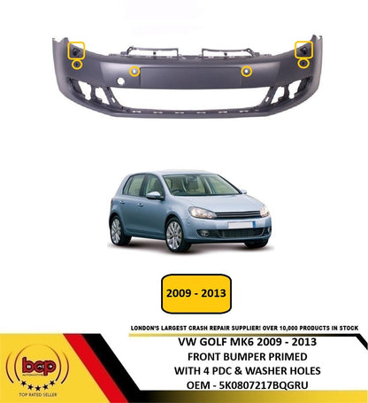 VW GOLF MK6 2009 - 2013 FRONT BUMPER PRIMED WITH 4 PARKING SENSOR & WASHER HOLE