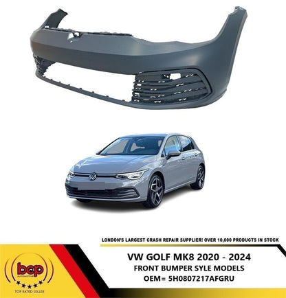 VW GOLF 2020 -2024 FRONT BUMPER PRIMED WITH MOUDLING HOLES ACTIVE & STYLE MODELS