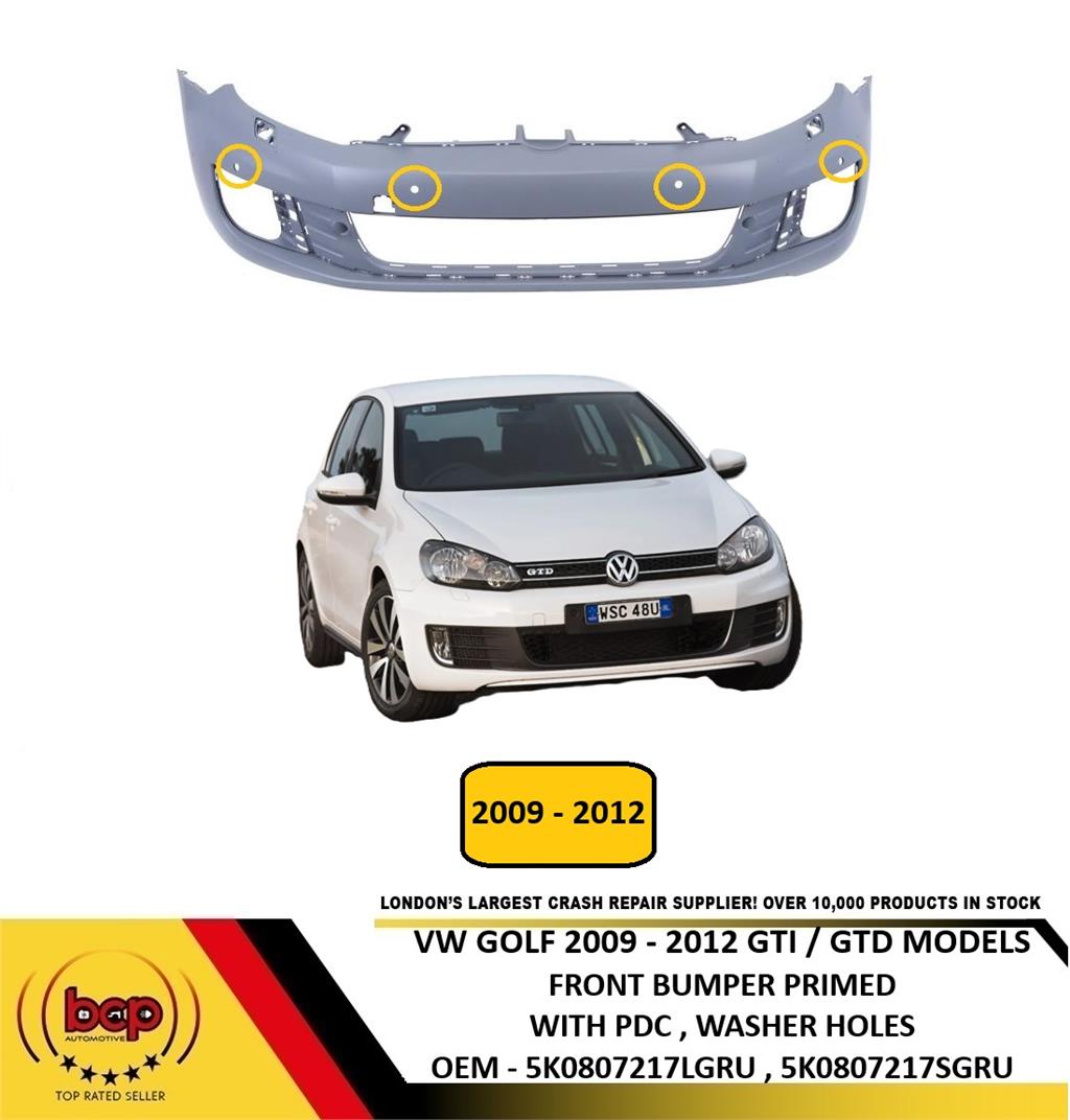 VW GOLF MK6 GTI GTD 2009 - 2012 FRONT BUMPER PRIMED WITH PDC HOLES WASH HOLES