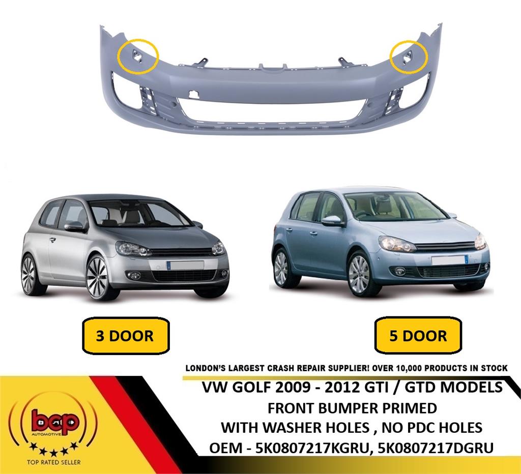 VW GOLF MK6 GTI GTD 2009-2012 FRONT BUMPER PRIMED WITH WASHER HOLES NO PDC HOLES
