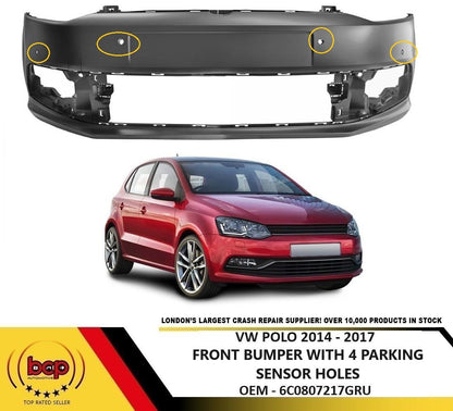 VW POLO HATCHBACK 2014 – 2017 FRONT BUMPER PRIMED WITH 4 PARKING SENSOR HOLES