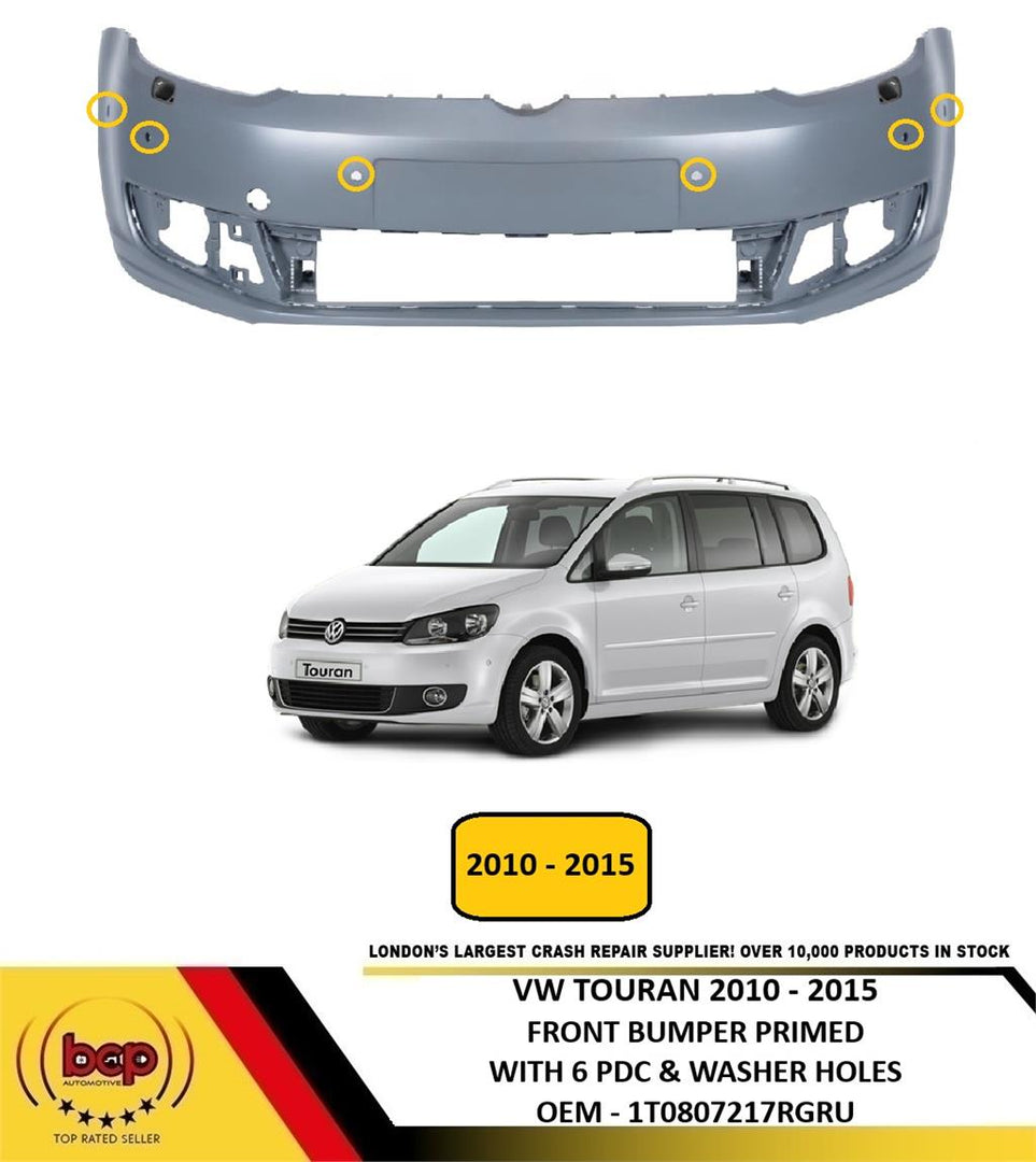 VW TOURAN 2010 - 2015 FRONT BUMPER PRIMED WITH 6 PDC & WASHER HOLES NOT R - LINE