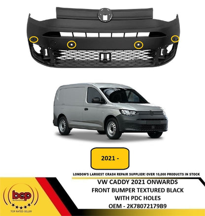 VW CADDY VAN 2021 ONWARDS FRONT BUMPER BLACK WITH PDC HOLES NO WASHER HOLES NEW