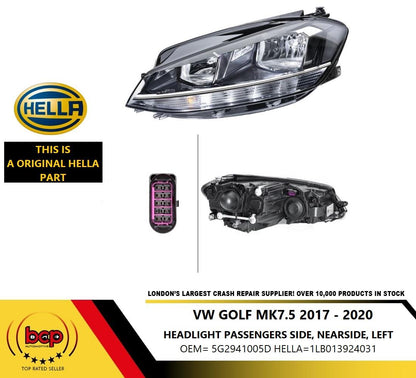 VW GOLF MK 7.5 2017 - 2019 HEADLIGHT LEFT PASSENGERS LED DRL HALOGEN LAMP HELLA