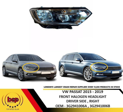 VOLKSWAGEN PASSAT 2015 - 2019 HALOGEN HEADLAMP FRONT DRIVER SIDE RIGHT