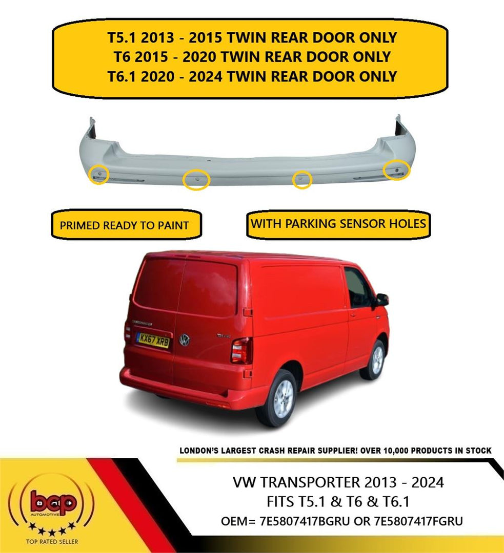 VW TRANSPORTER T6.1 2020 - 2024 REAR BUMPER PRIMED WITH PARKING SENSOR HOLES