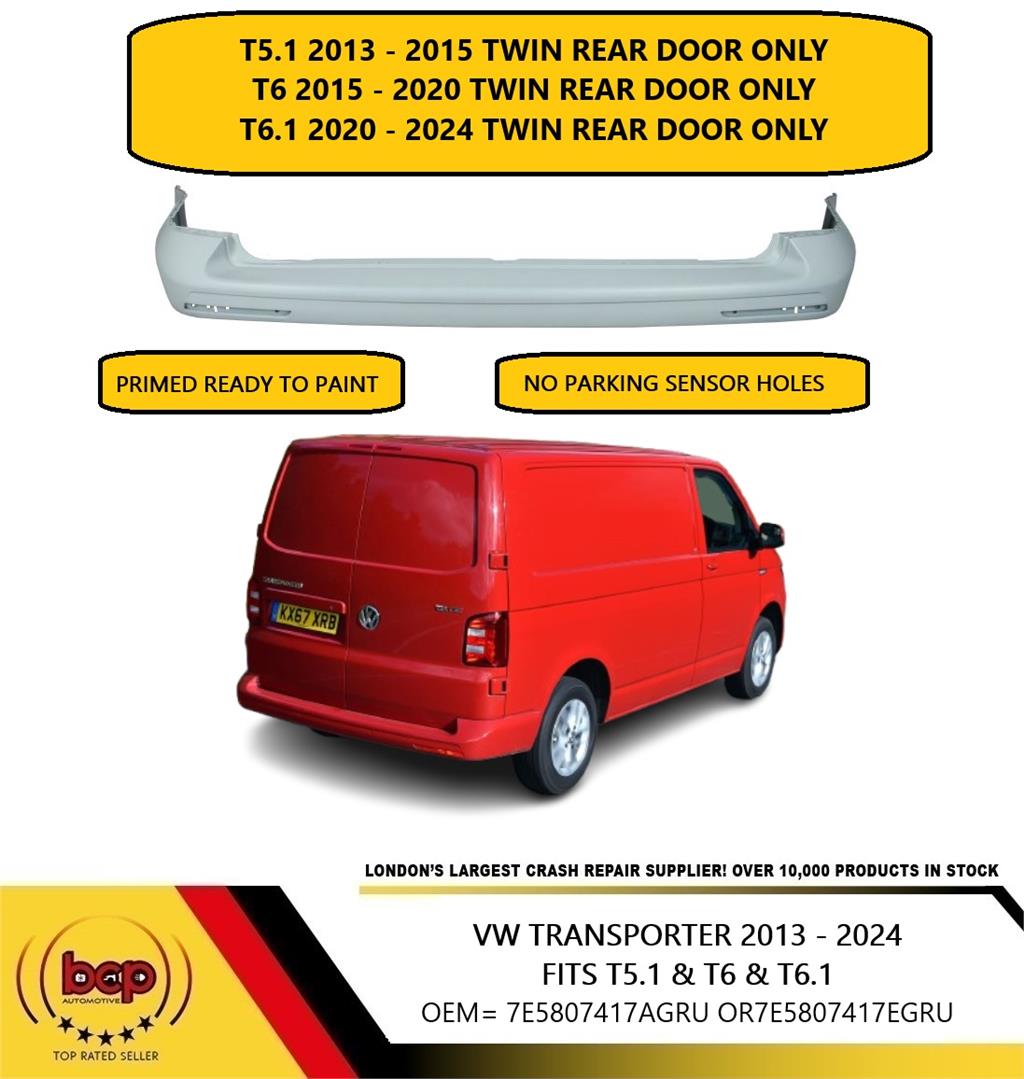 VW TRANSPORTER T5.  2013 - 2015 REAR BUMPER PRIMED LONG REFLECTOR TWIN REAR DOOR