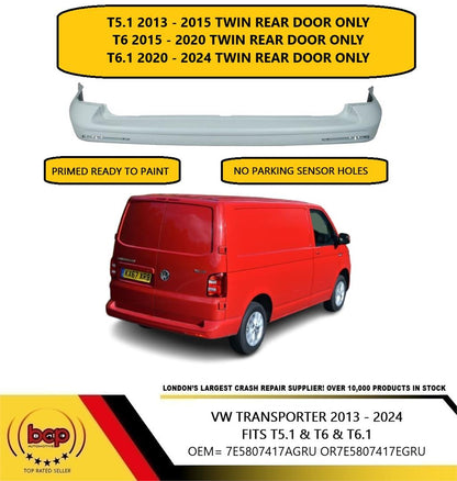 VW TRANSPORTER T6.1 2020 - 2024 REAR BUMPER PRIMED LONG REFLECTOR TWIN REAR DOOR