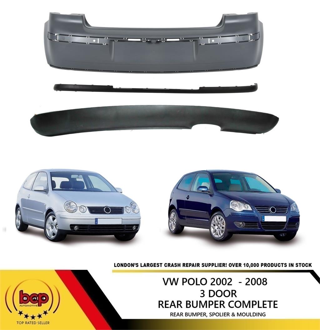 VW POLO 2002 - 2009 REAR BUMPER PRIMED COMPLETE WITH LOWER SPOLIER & MOUDLING