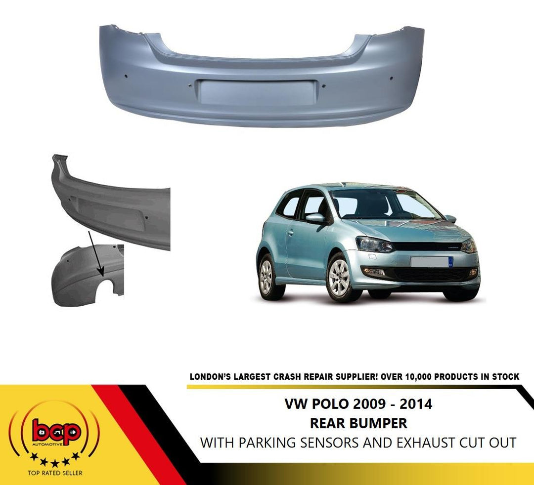 VOLKSWAGEN POLO 6R 2009 – 2014 REAR BUMPER WITH EXHAUST CUT OUT PARKING SENSORS