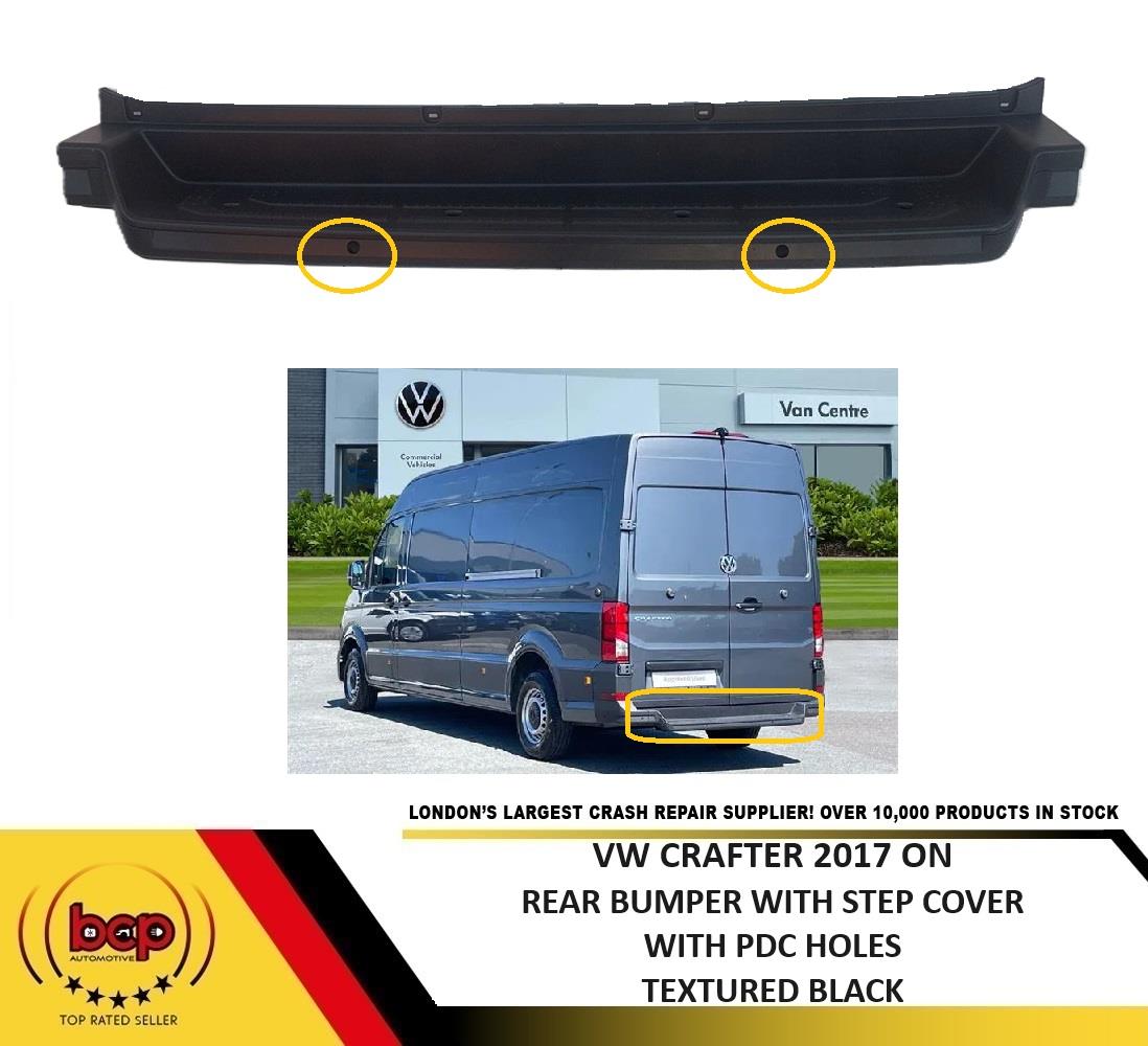 VW CRAFTER 2017 ON REAR BUMPER PLASTIC STEP COVER TEXTURED BLACK WITH PDC HOLES