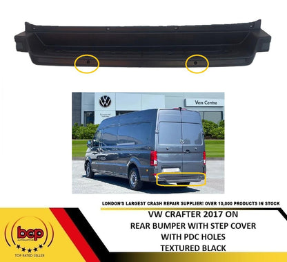 VW CRAFTER 2017 ON REAR BUMPER PLASTIC STEP COVER TEXTURED BLACK WITH PDC HOLES