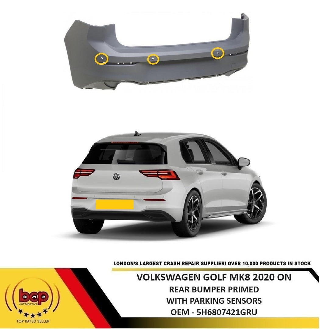 VW GOLF MK8 2020 ON REAR BUMPER PRIMED WITH PARKING SENSORS STANDARD MODELS ONLY