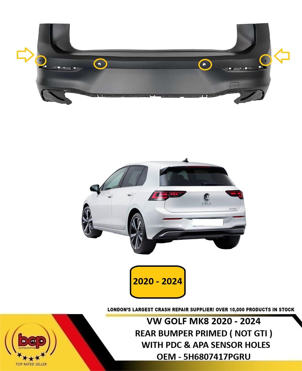 VW GOLF MK8 2020 - 2024 REAR BUMPER WITH 6 PARKINS SENSOR HOLES NOT GTI MODEL