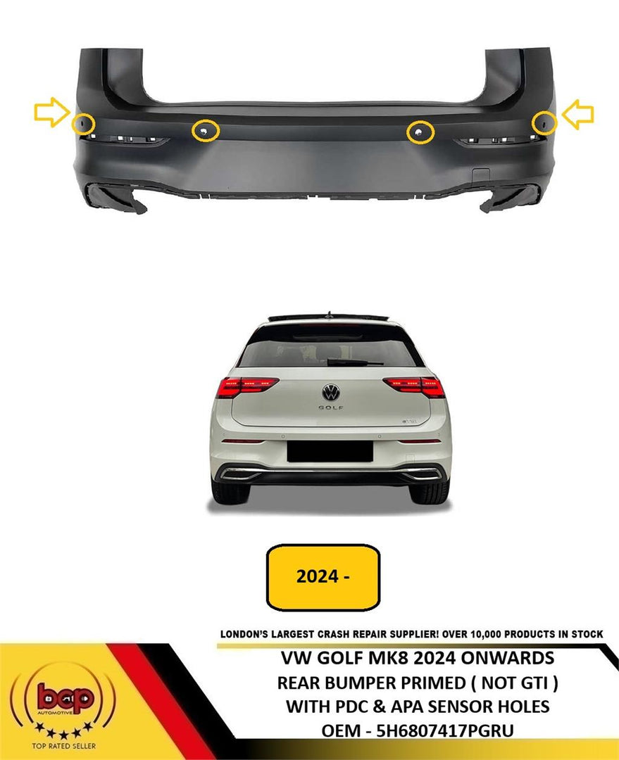 VW GOLF MK8 2024 ON REAR BUMPER PRIMED WITH 6 PARKINS SENSOR HOLES NOT GTI MODEL