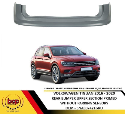 VOLKSWAGEN TIGUAN 2016 – 2020 REAR BUMPER UPPER SECTION PRIMED NO PARKING SENSOR