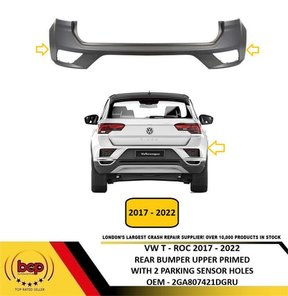 VW T - ROC 2017 - 2022 REAR BUMPER UPPER SECTION PRIMED WITH 2 PDC HOLES