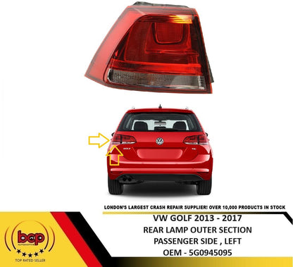 VW GOLF MK7 2013 - 2017 REAR LAMP OUTER SECTION NOT LED PASSENGER SIDE LEFT
