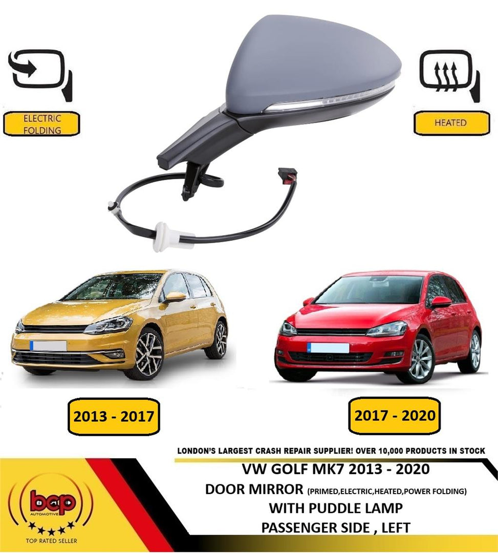 VW GOLF 2013 – 2020 DOOR MIRROR PRIMED ELECTRIC HEATED FOLDING PUDDLE LAMP LEFT