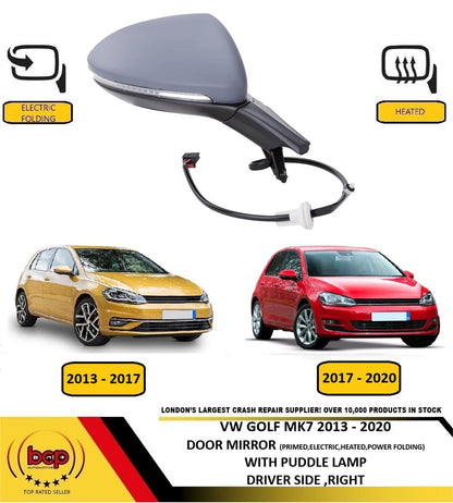 VW GOLF 2013 – 2020 DOOR MIRROR PRIMED ELECTRIC HEATED FOLDING PUDDLE LAMP RIGHT